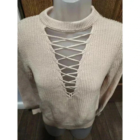 Sophie Rue Women’s Laceup Front Cable Knit Sweater, Size XS cream Off White - Picture 4 of 8